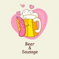 Sausage and beer. Vector cartoon. Love forever. Cheerful sausage