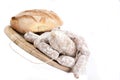 Sausage and bread on cutting board