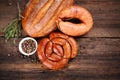 Sausage, bread and spices Royalty Free Stock Photo