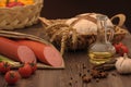 Sausage and bread on the table Royalty Free Stock Photo