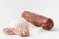 Sausage casing and cotton string roll for butchers. Elastic netting for roasting, boiling or smoking cold meat. Salami sausage on