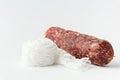 Sausage casing and cotton string roll for butchers. Elastic netting for roasting, boiling or smoking cold meat. Salami sausage on