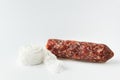 Sausage casing and cotton string roll for butchers. Elastic netting for roasting, boiling or smoking cold meat. Salami sausage on