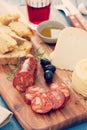 Sausage, cheese, bread and glass Royalty Free Stock Photo