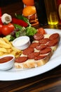 Sausage with cheese on slice of bread Royalty Free Stock Photo