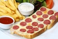 Sausage with cheese on slice of bread Royalty Free Stock Photo