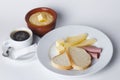 Sausage, cheese, white bread, butter, cereal, pot, cafe, breakfast set