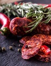 Sausage Chorizo. Spanish traditional chorizo sausage, with fresh herbs, garlic, pepper and chili peppers. Traditional cuisine Royalty Free Stock Photo