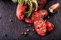 Sausage Chorizo. Spanish traditional chorizo sausage, with fresh herbs, garlic, pepper and chili peppers. Traditional cuisine Royalty Free Stock Photo