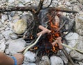 Sausage cooked in fire during the summer camp of the boyscout