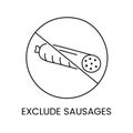 Sausage crossed out, harmful and forbidden food in a diet, line icon in vector, illustration of not healthy food.