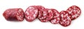Sausage cut into pieces on a white background. Top view Royalty Free Stock Photo