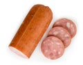 Sausage cut into pieces on a white. The view from the top. Royalty Free Stock Photo