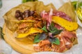 Sausage cutting with herbs, sun-dried tomatoes and croutons Royalty Free Stock Photo