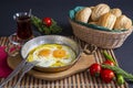 Sausage with egg in copper Royalty Free Stock Photo
