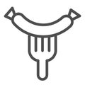 Sausage on fork line icon. Grill sausage vector illustration isolated on white. Hot sausage outline style design Royalty Free Stock Photo