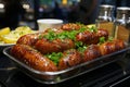 Sausage on the grill with sauce and herbs in a restaurant