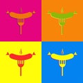 Sausage icon in pop art color. Collection of grilled sausage on fork with aroma sign. Isolated icon street food in pop art color