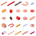 Sausage icons set, isometric style