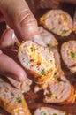 sausage with jalapeno pepper and cheddar on a wooden board, copy space and selective focus Royalty Free Stock Photo