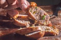 sausage with jalapeno pepper and cheddar on a wooden board, copy space and selective focus Royalty Free Stock Photo