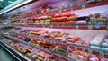 Sausage and lunch meat products on supermarket shelves. Retail industry. Concept of problem rising food price.