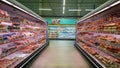 Sausage and lunch meat products on supermarket shelves. Retail industry. Concept of problem rising food price.