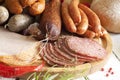 Sausage and meat assortment on cutting board