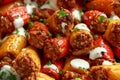 Sausage meat, mince and rice Stuffed sweet mini bell peppers baked in cast iron skillet, pan topped with yogurt and Royalty Free Stock Photo