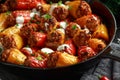 Sausage meat, mince and rice Stuffed sweet mini bell peppers baked in cast iron skillet, pan topped with yogurt and Royalty Free Stock Photo