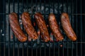 Sausage. Outdoor cooking. Professional grill. Fresh, Mild Italian Sausage. Hot red charcoal in the grill. Bbq or Barbecue.