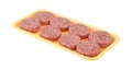 Sausage patties in a foam tray on a white background Royalty Free Stock Photo