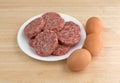 Sausage patties on a white plate with eggs Royalty Free Stock Photo