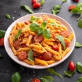 Sausage penne Pasta with tomato sauce and fresh herbs Royalty Free Stock Photo