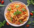 Sausage penne Pasta with tomato sauce and fresh herbs Royalty Free Stock Photo