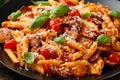 Sausage penne Pasta with tomato sauce, parmesan cheese and basil on black plate