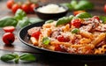Sausage penne Pasta with tomato sauce, parmesan cheese and basil on black plate Royalty Free Stock Photo