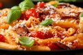 Sausage penne Pasta with tomato sauce, parmesan cheese and basil on black plate Royalty Free Stock Photo