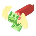 Sausage production icon isometric vector. Smoked sausage piece and dollar bill