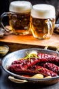 Sausage. Roasted chorizo sausage. Roasted spicy sausage chorizo home hotel or restaurant with beer vine brandy cognac whiskey.