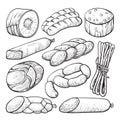 Sausage and salami, delicious meat sketch set
