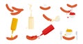 Sausage and sauce vector icon. Bbq sauce, mustard, myonnaise, ketchup bottle and bowl. Grill hot food. Tasty illustration Royalty Free Stock Photo