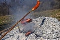 Sausage skewers are heated by grilling on a special slow fire for a long time to eat as a family breakfast on holiday and prepared