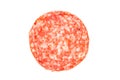 Sausage Slice of salami isolated on a white. Top view. Royalty Free Stock Photo