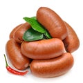 Sausage, sliced sausage, chicken sausage on a white background