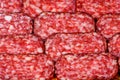 Sausage, sliced, tasty food, a popular snack. Sausage-a popular food product, minced meat in a shell. Contains one or more types