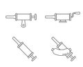 Sausage stuffer. Linear icons set. Black simple illustration of filling machine or manual syringe for cooking homemade meat food.