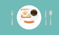 Sausage, toast, fried egg, heart shape and coffee on a plate