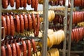 Sausage workshop.stick of sausage are smoked on the background of the meat factory Royalty Free Stock Photo