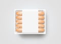 Sausages in blank white plastic disposable box mockup, isolated,